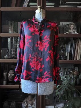 Black and Red Floral Blouse Ruffle Tie Neck Haver London XS